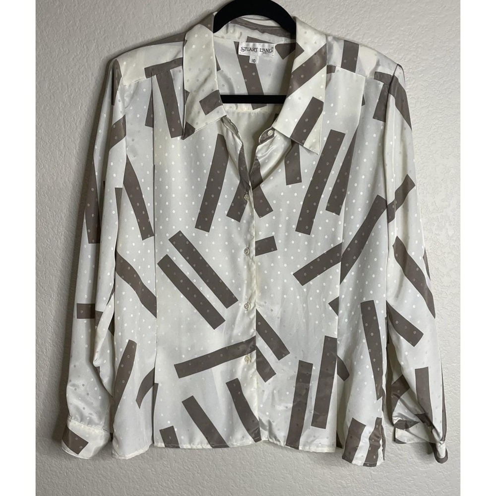 Stuart Lang Womens 10 Blouse White Taupe Geometric Polka Dot Satin Button Down